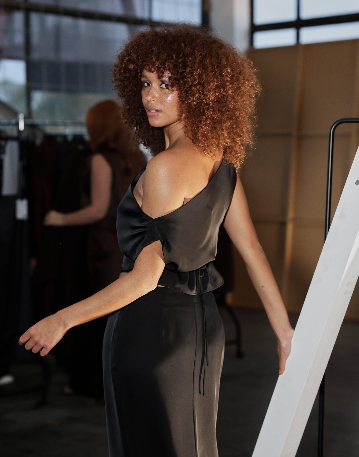 Viviana Top (Black) - Black Silky One Shoulder Crop Top - Women's Top - Charcoal Clothing