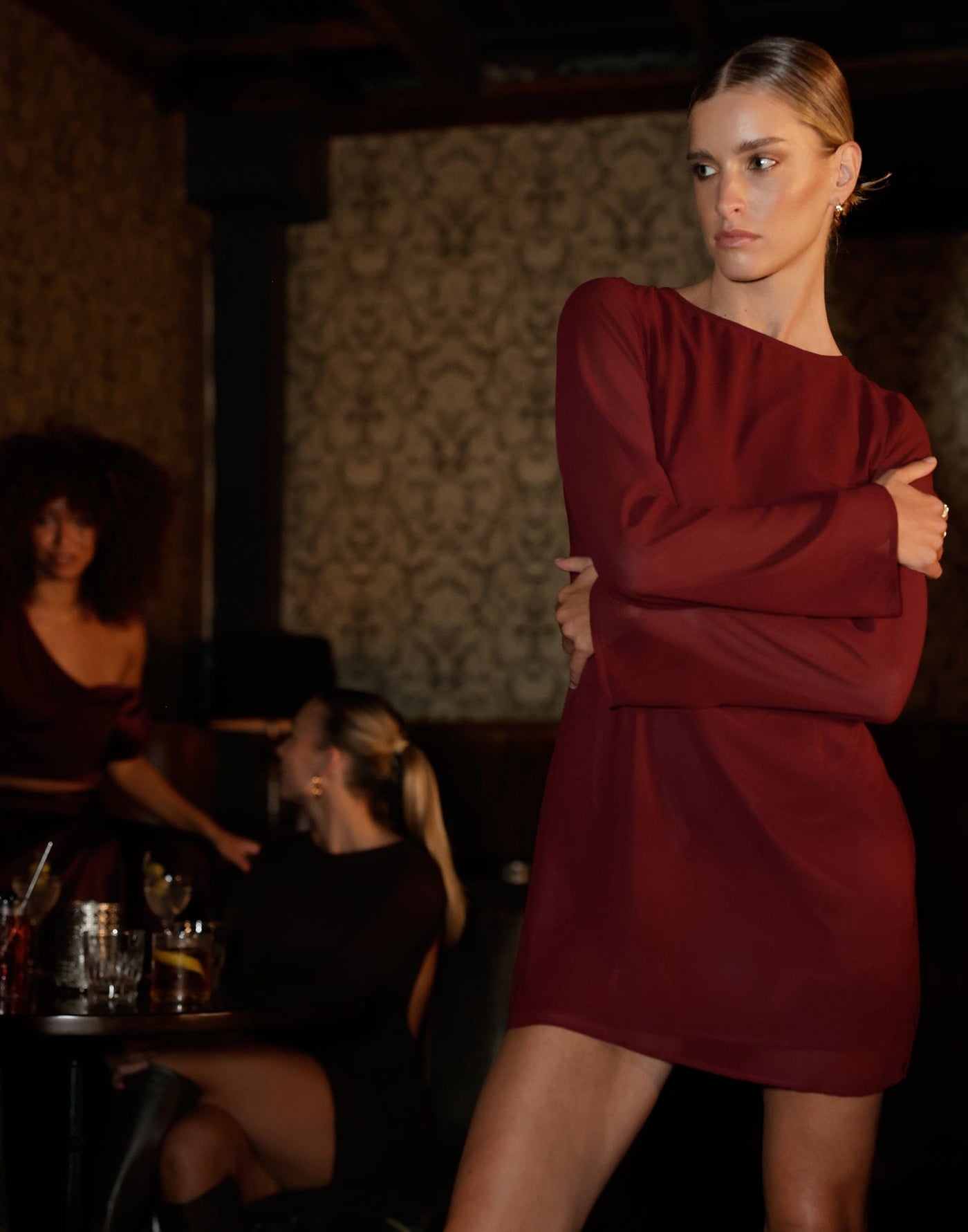 Virgo Mini Dress (Plum) - Chiffon Long Sleeve Mini Dress - Women's Dress - Charcoal Clothing