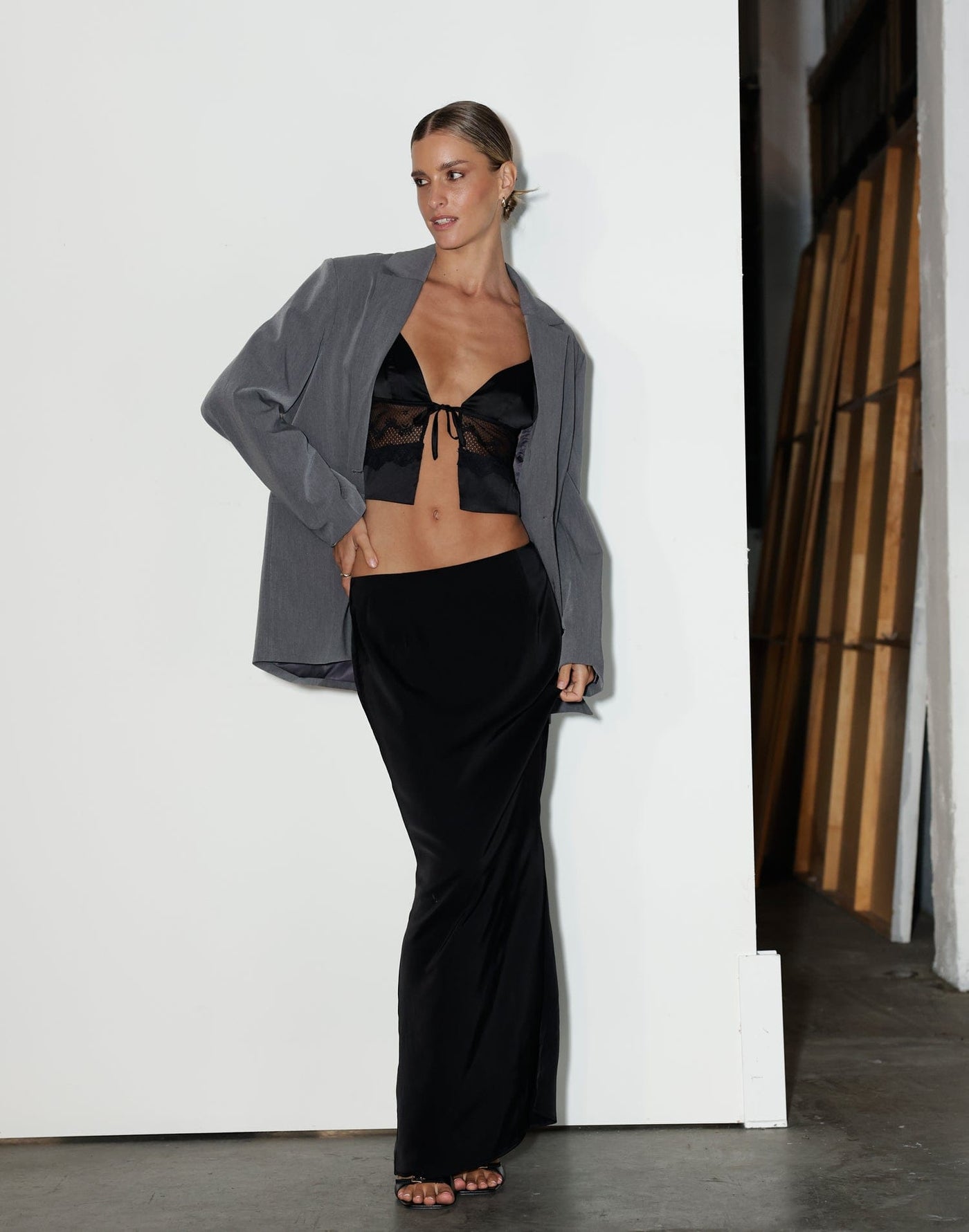 Viviana Maxi Skirt (Black) - Mid Rise Satin Maxi Skirt - Women's Skirt - Charcoal Clothing