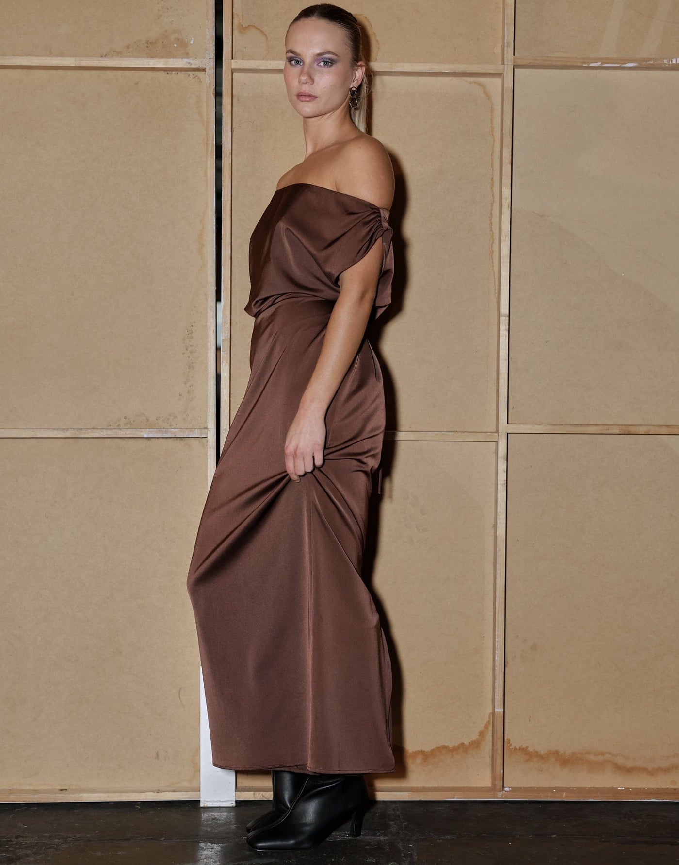 Viviana Maxi Dress (Cocoa) - Brown One Shoulder Silky Maxi Dress - Women's Dress - Charcoal Clothing
