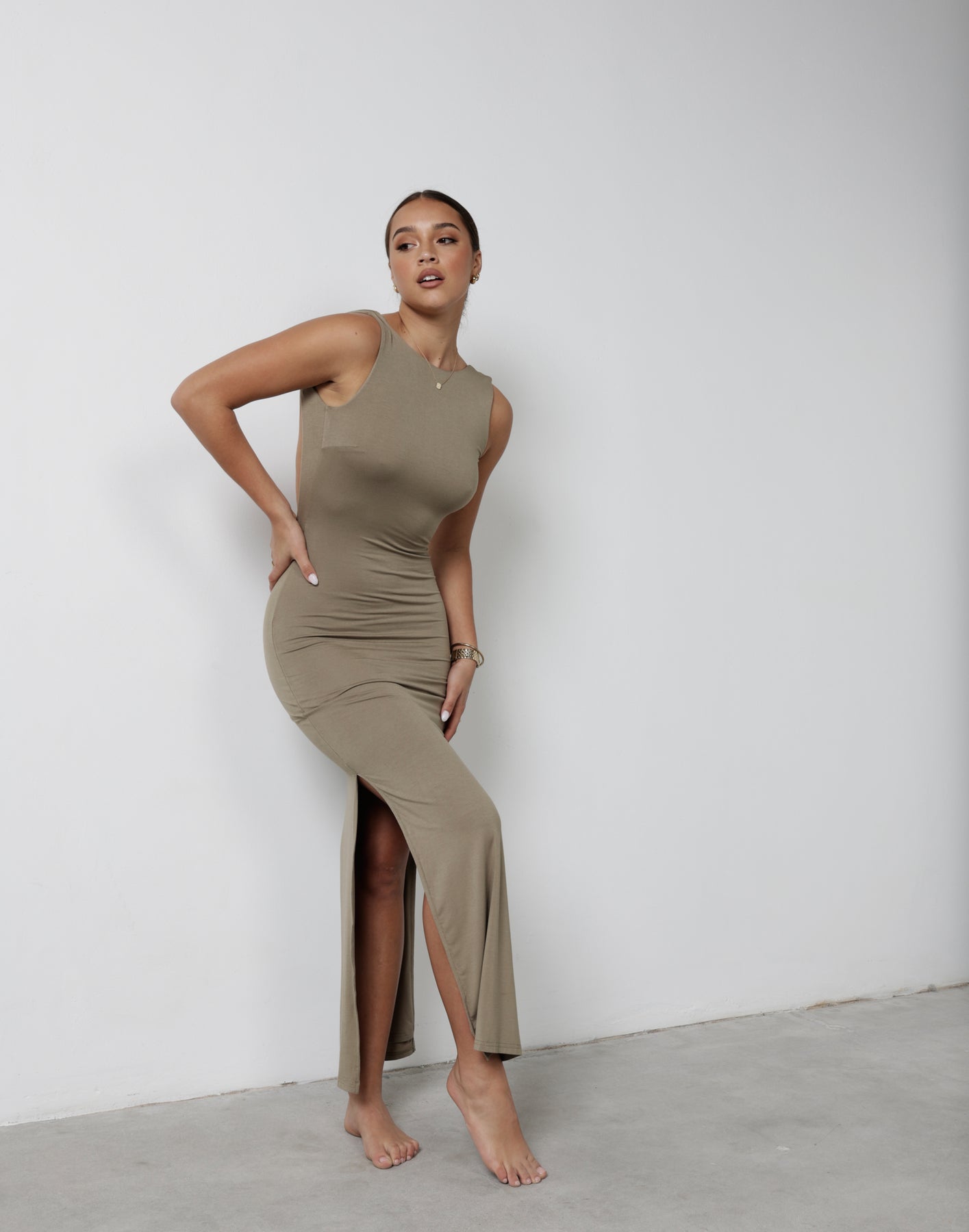 Luna Maxi Dress (Light Khaki) Khaki Sleeveless Open Back Maxi Dress