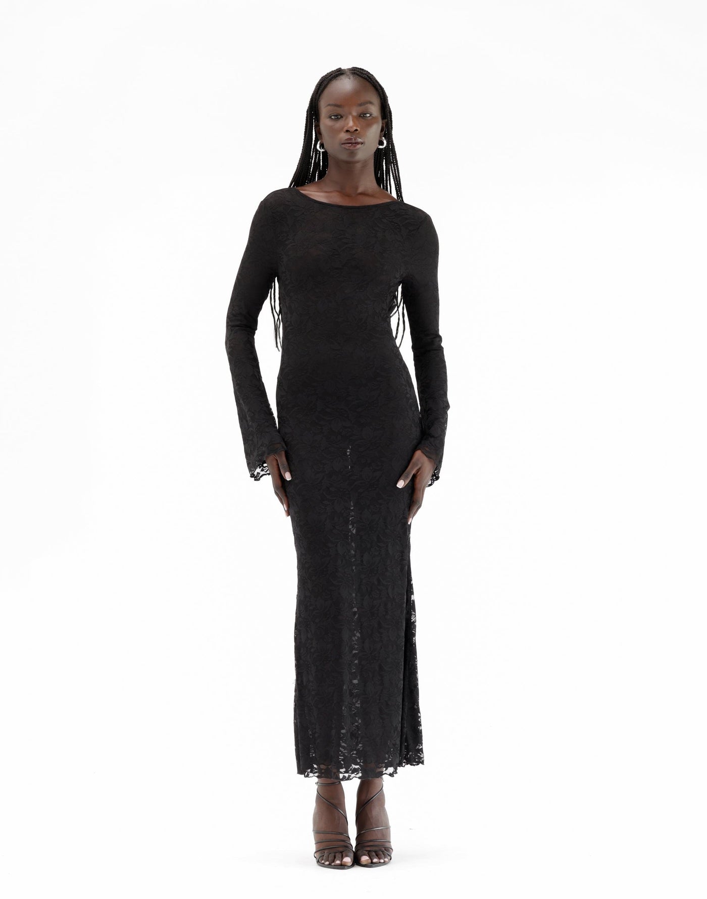 Florence Maxi Dress (Black) Backless Sheer Lace Long Sleeve Maxi Dress CHARCOAL