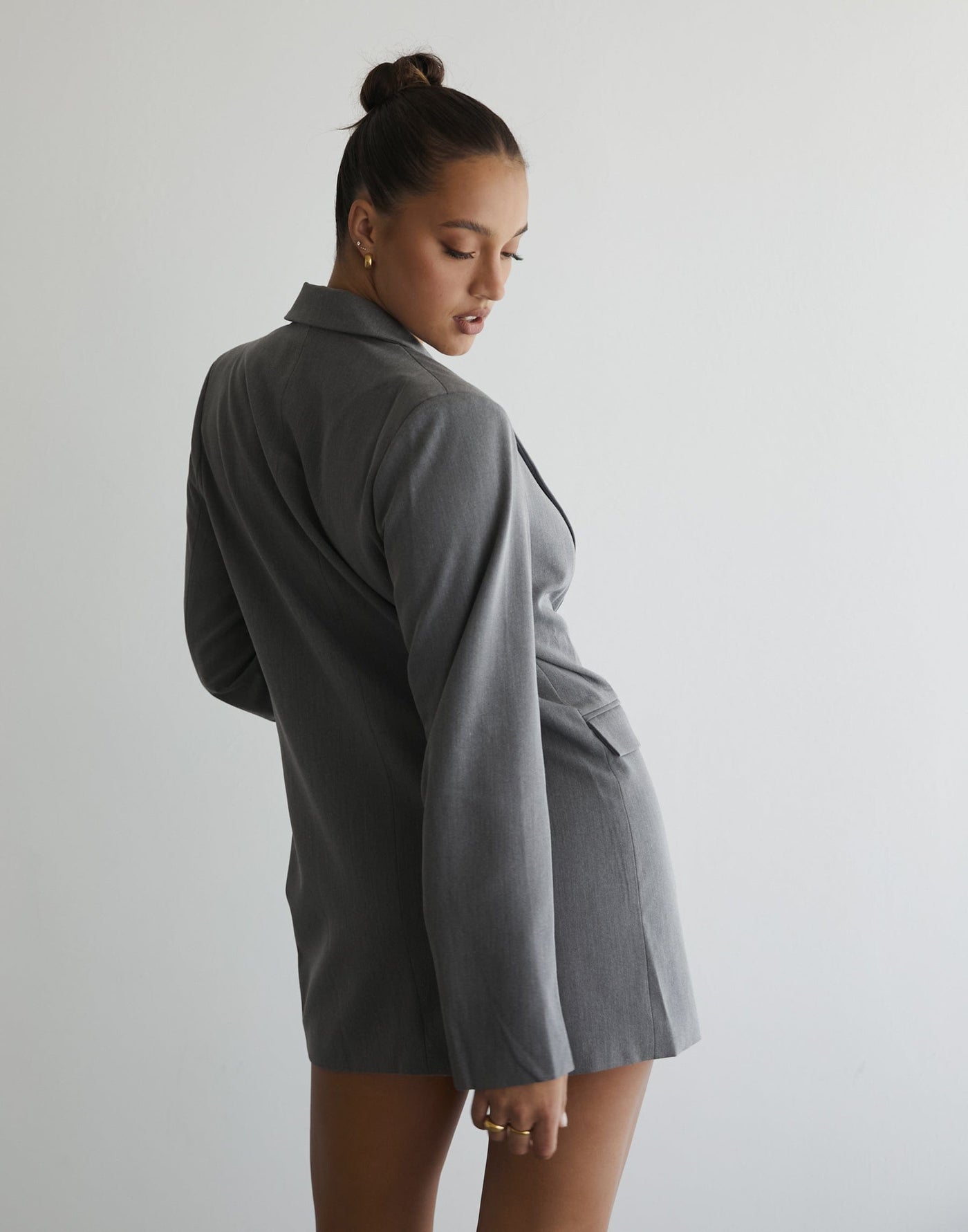 Aueten Blazer Dress (Dark Grey) - Grey Asymmetrical Hem Blazer Dress - Women's Dress - Charcoal Clothing