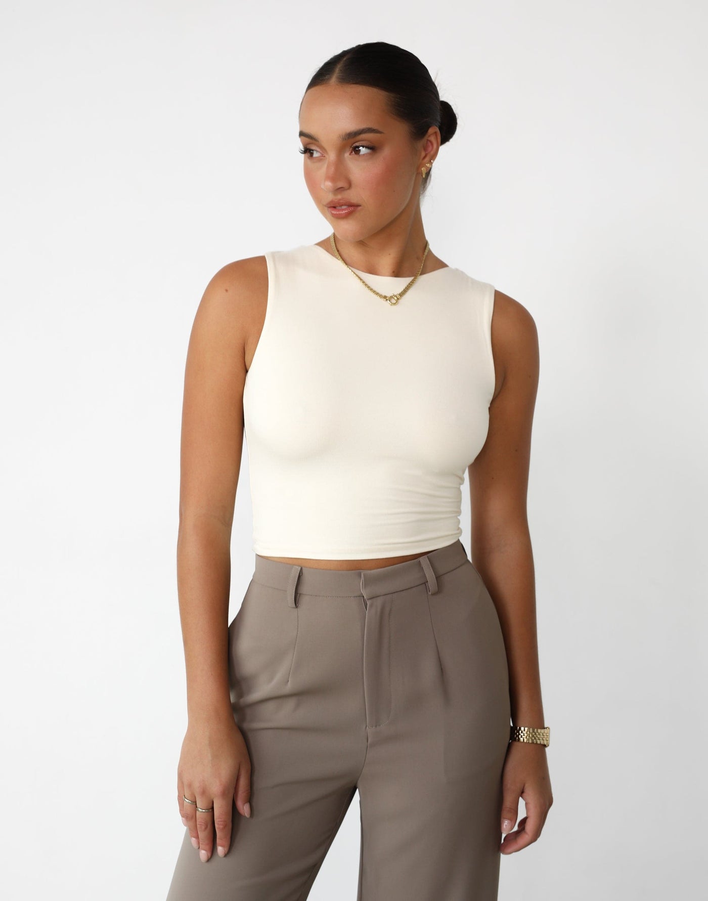 Indi Crop Top (Cream) - Scoop Neck Backless Crop Top - Women's Top - Charcoal Clothing