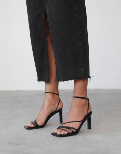 Denise Heels (Black Crinkle Print) - By Billini - Strappy Mid Block Heel - Women's Shoes - Charcoal Clothing