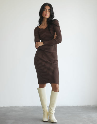 Rolanda Midi Dress (Brown) - Brown Knit Midi Dress - Women's Dress - Charcoal Clothing