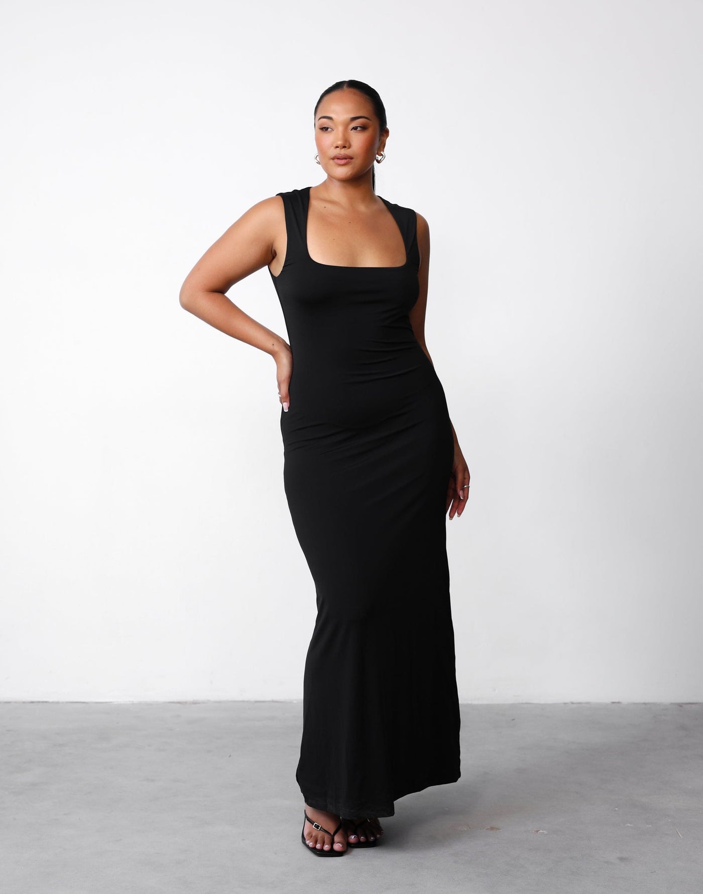 Dekota Maxi Dress (Black) | Charcoal Clothing Exclusive - Square Neckline Bodycon Maxi Dress - Women's Dress - Charcoal Clothing