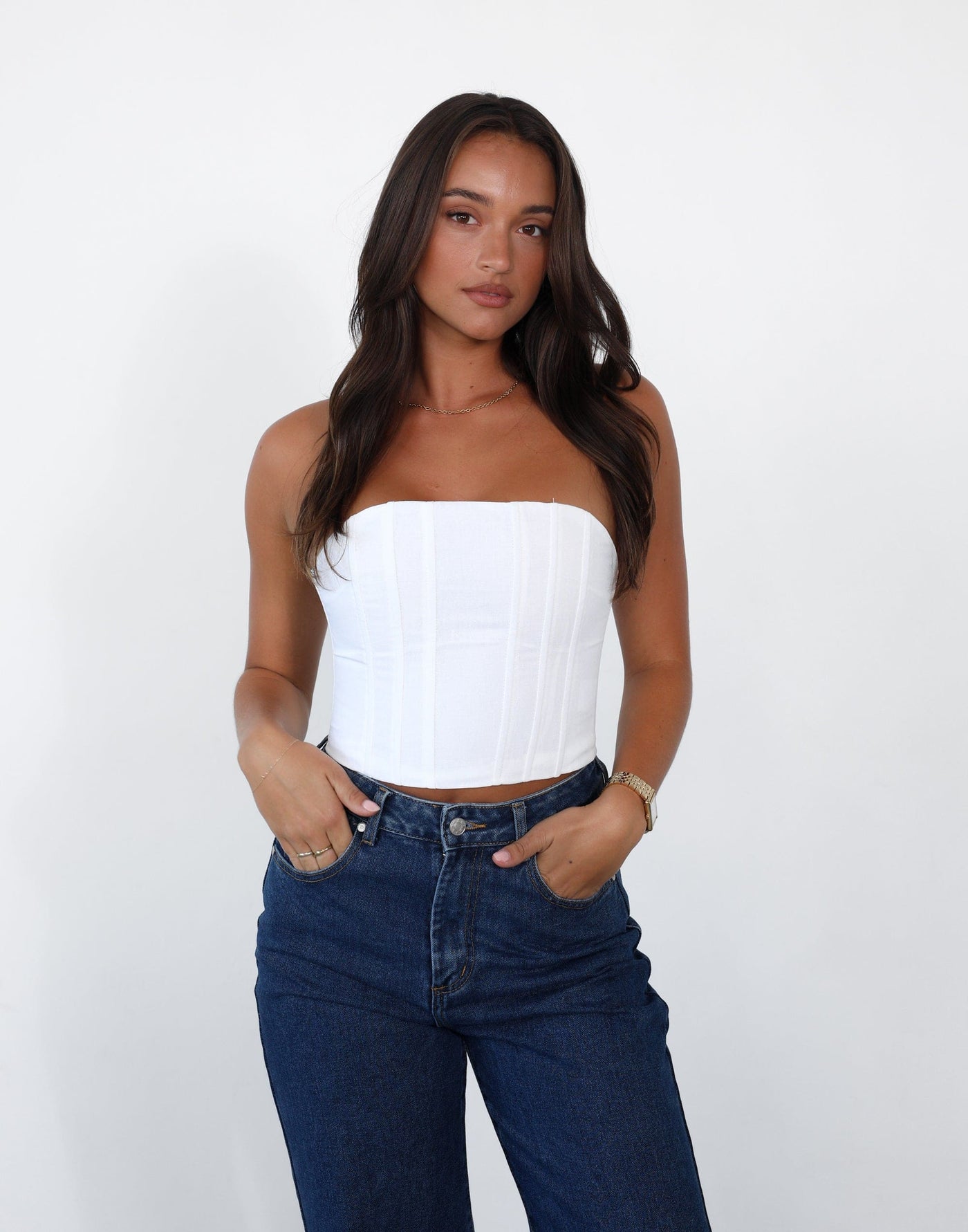 Own The Moment Top (White) - Strapless Corset Crop Top - Women's Top - Charcoal Clothing