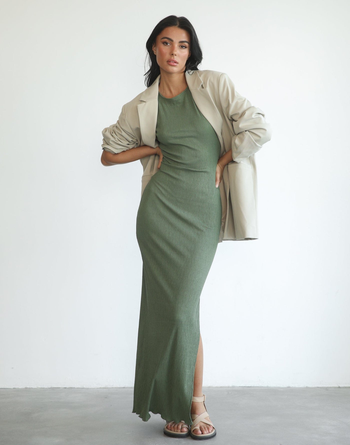 As It Was Maxi Dress (Olive) - Olive Textured Maxi Dress - Women's Dress - Charcoal Clothing