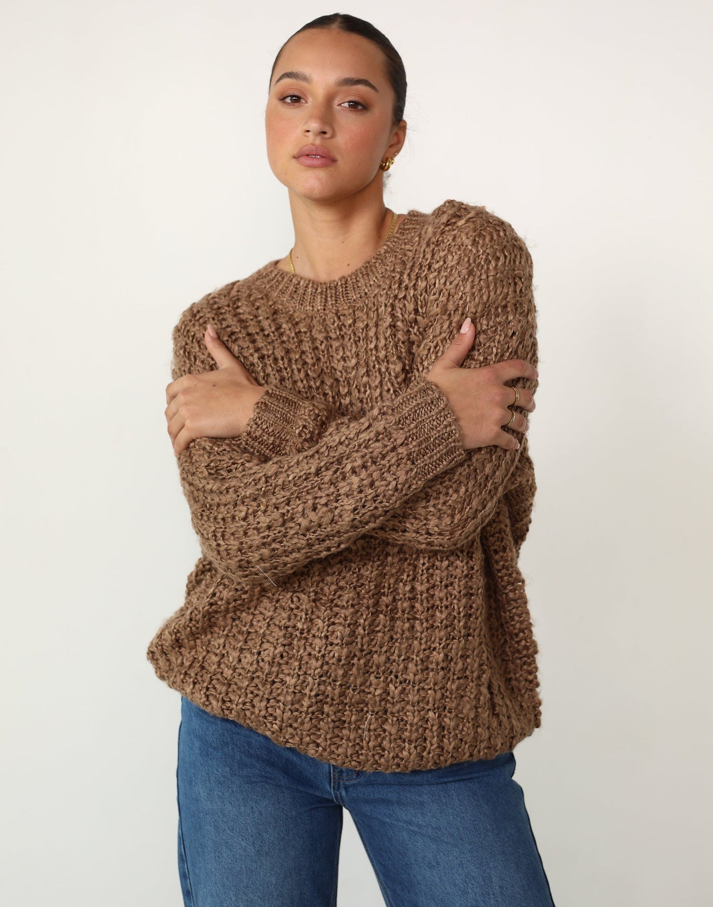 Emme Jumper (Taupe) - Relaxed Fit High Crew Neck Knit Jumper - Women's Tops - Charcoal Clothing