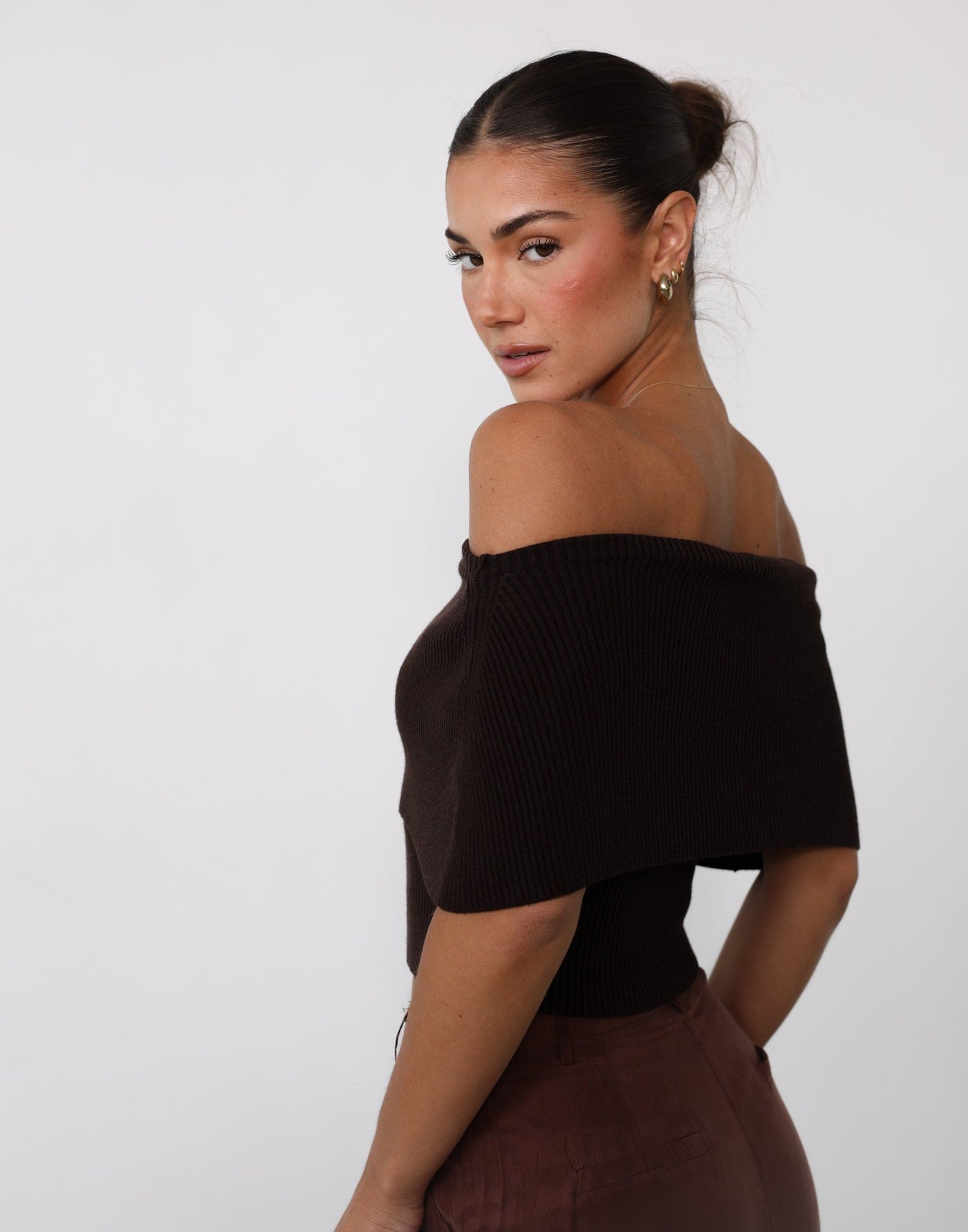 Ambiguity Top (Chocolate) - Knit Cropped Off Shoulder Fold Over Top - Women's Top - Charcoal Clothing