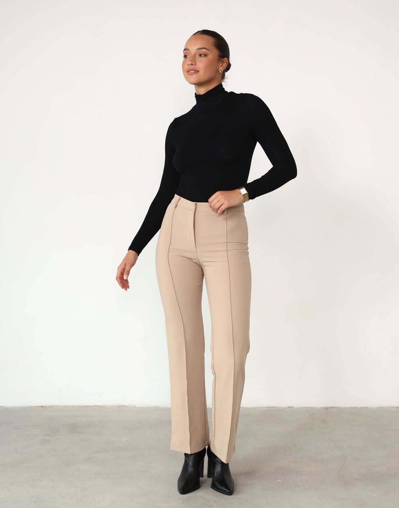 Monroe Pants (Beige) - Centre Front Pleat Detail Pant - Women's Pants - Charcoal Clothing