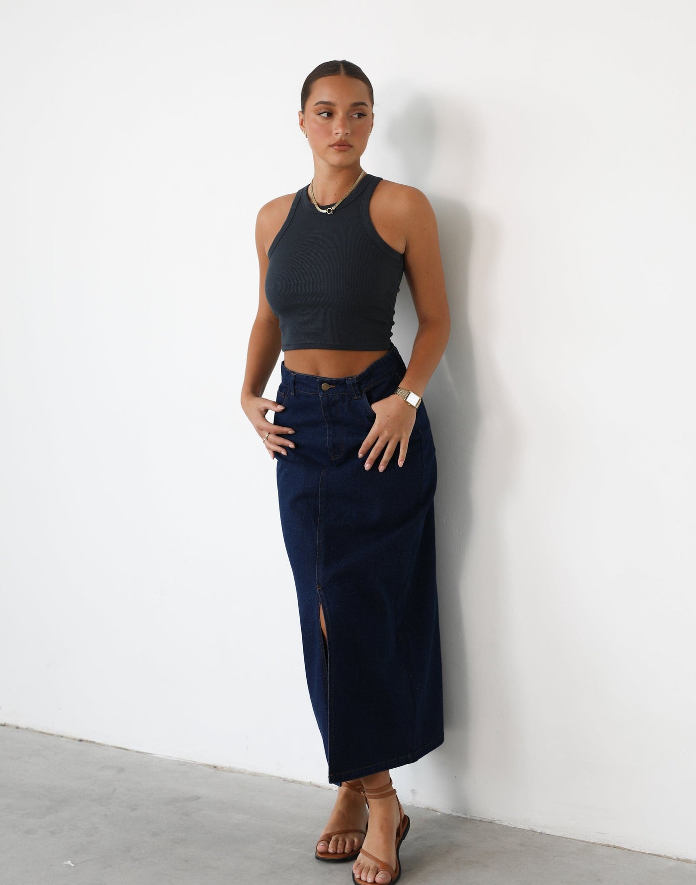 Kristie Denim Maxi Skirt (Dark Denim) - Split on Front Denim Maxi Skirt - Women's Skirt - Charcoal Clothing