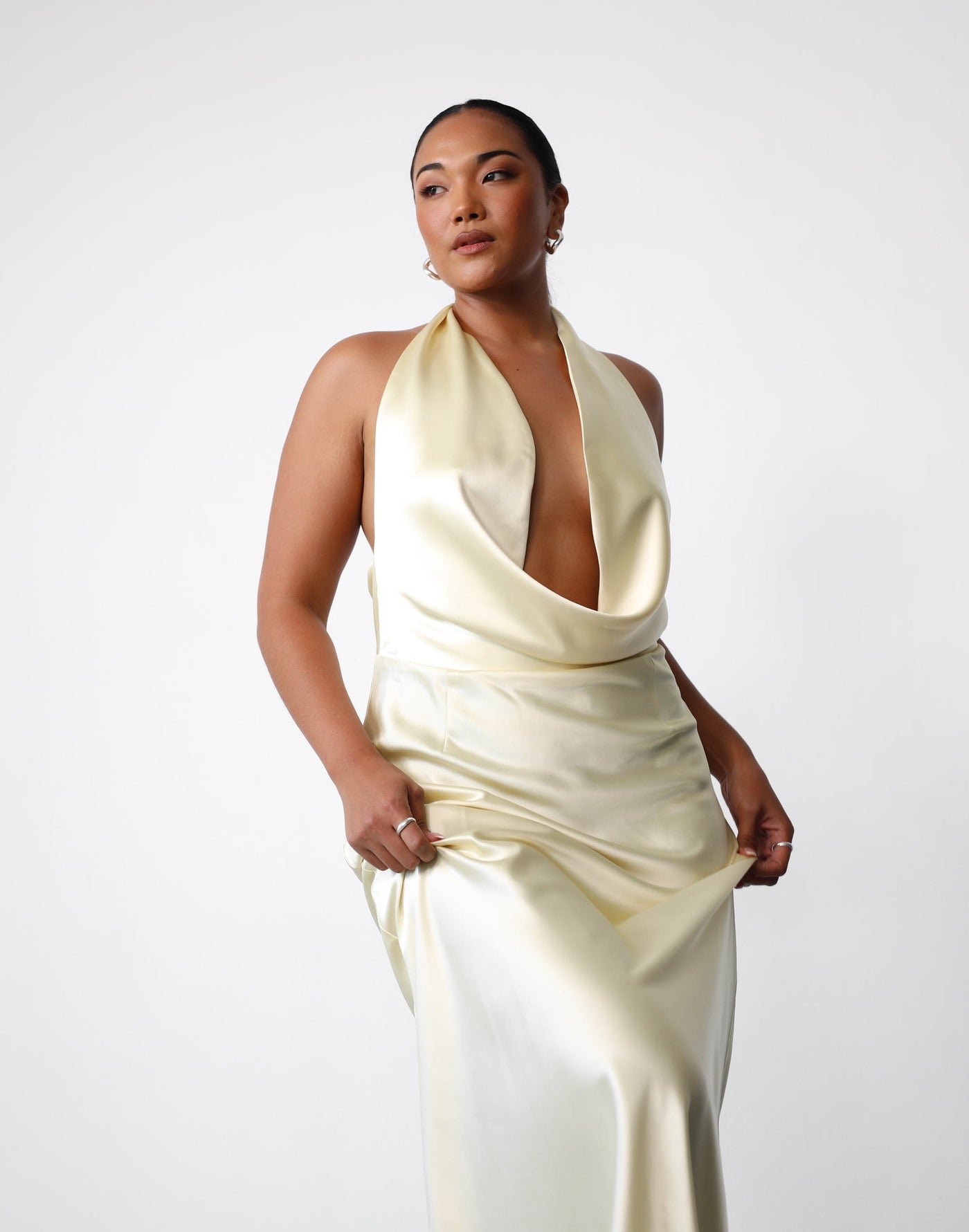 Zoya Maxi Dress (Lemon) | Charcoal Clothing Exclusive - Satin Low Cowl Neck Maxi Dress - Women's Dress - Charcoal Clothing