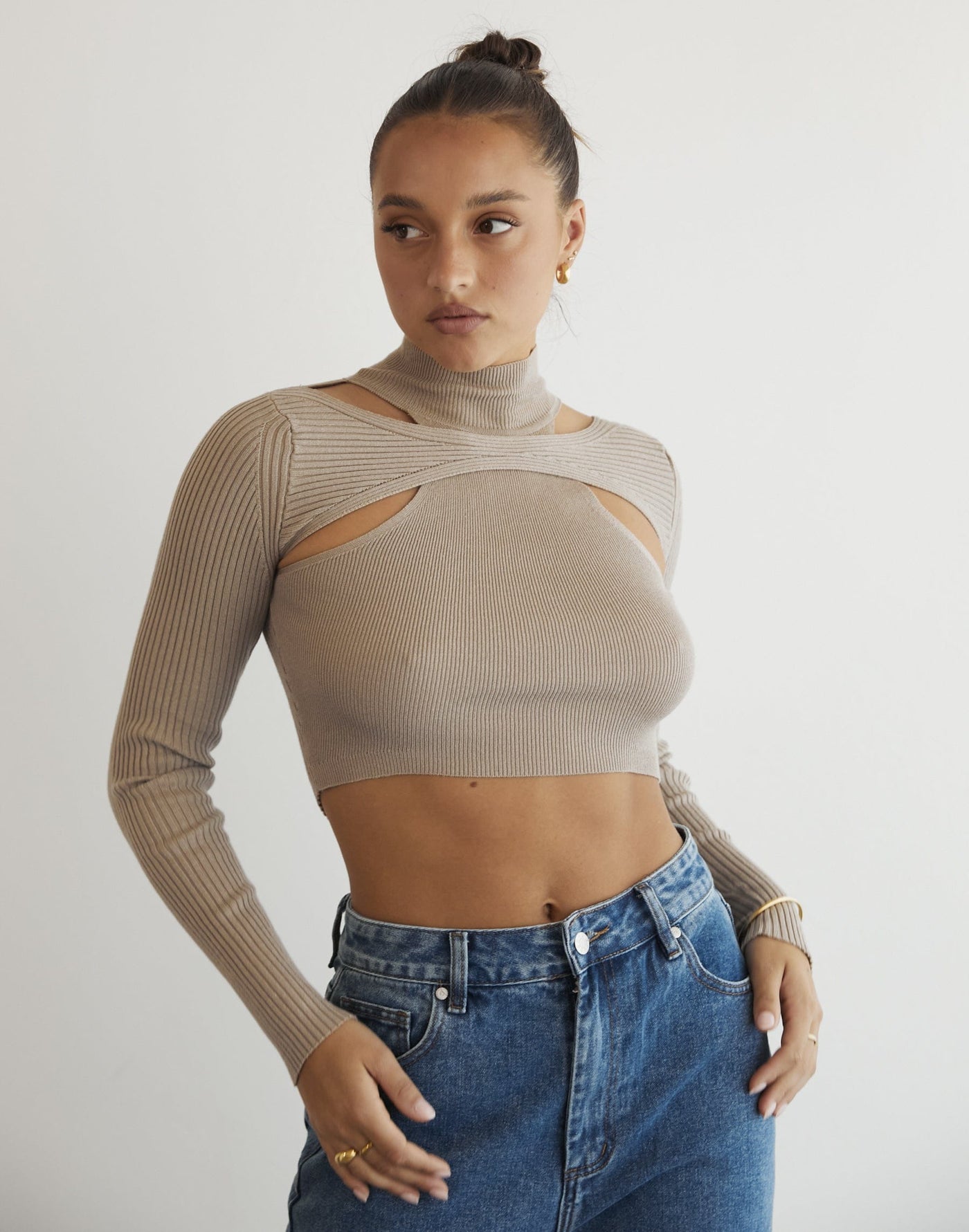 Kealey Long Sleeve Knit Top (Stone) - Cut-Out Long Sleeve Knit Top - Women's Top - Charcoal Clothing