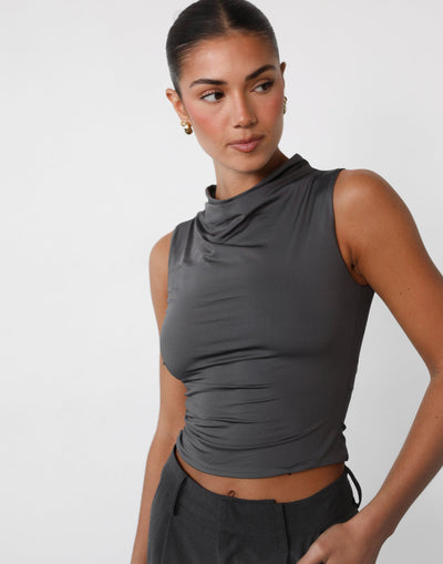 Madison Top (Slate) - High Cowl Neck Bodycon Top - Women's Top - Charcoal Clothing