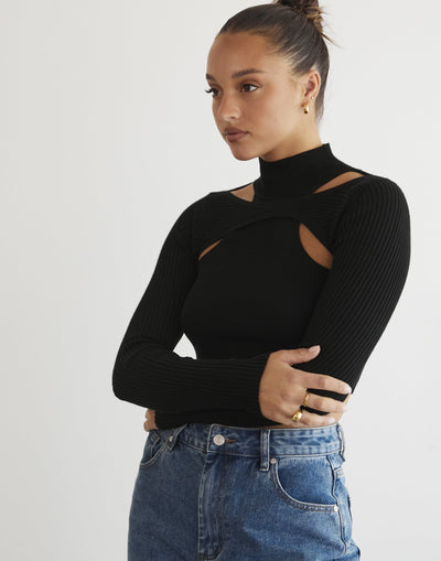 Kealey Long Sleeve Knit Top (Black) - Cut-Out Long Sleeve Knit Top - Women's Top - Charcoal Clothing