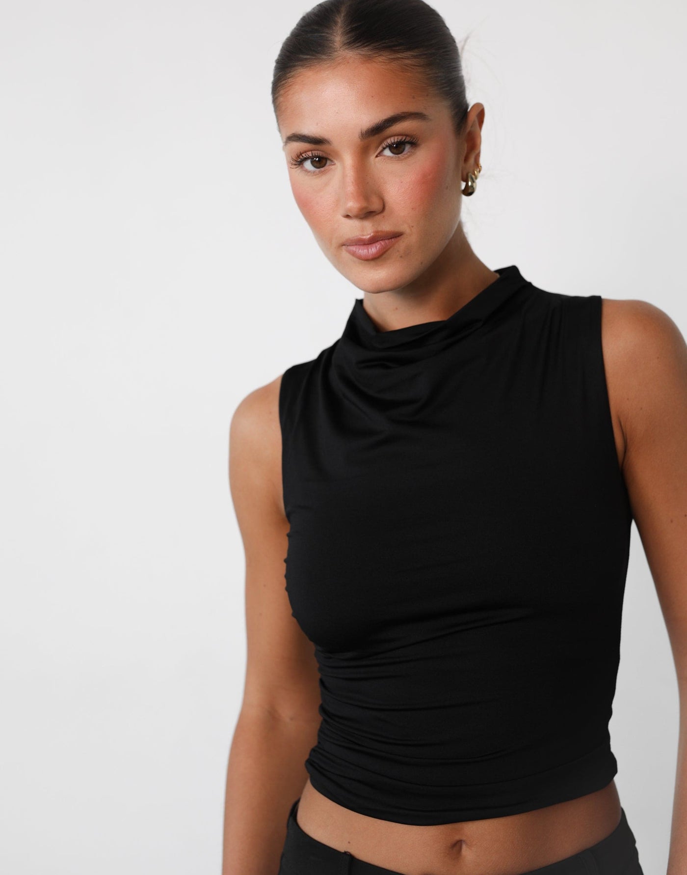 Madison Top (Black) High Cowl Neck Bodycon Top CHARCOAL