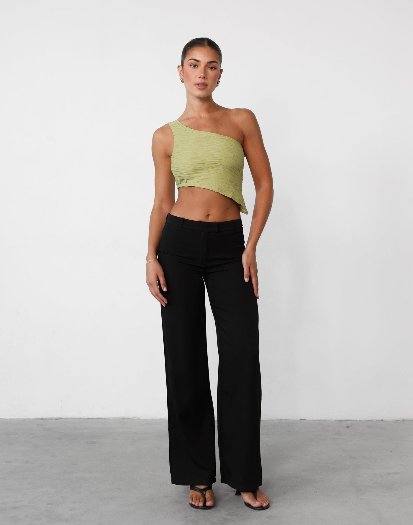 Yianna One Shoulder Top (Olive) - Textured One Shoulder Top - Women's Top - Charcoal Clothing