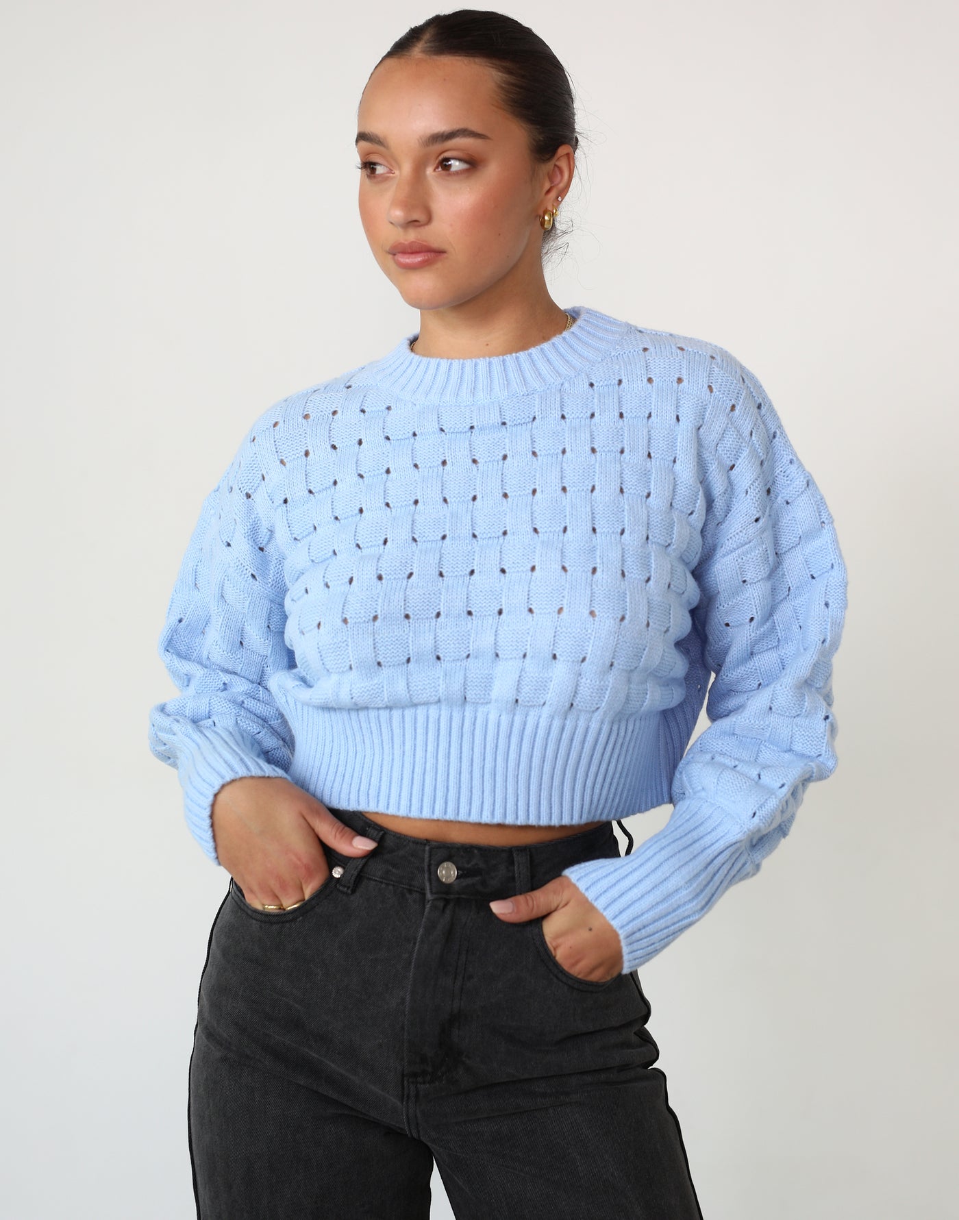 Rivera Jumper (Blue) - Cropped Weave Knit Detail Jumper - Women's Tops - Charcoal Clothing
