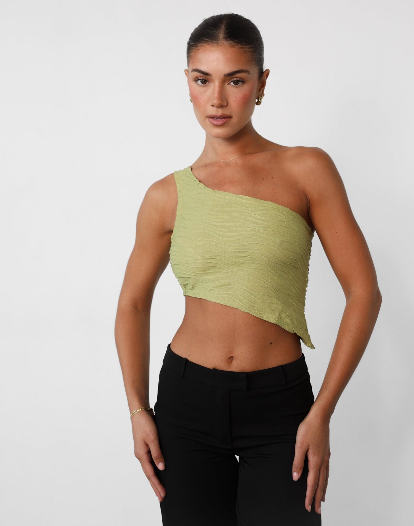 Yianna One Shoulder Top (Olive) - Textured One Shoulder Top - Women's Top - Charcoal Clothing