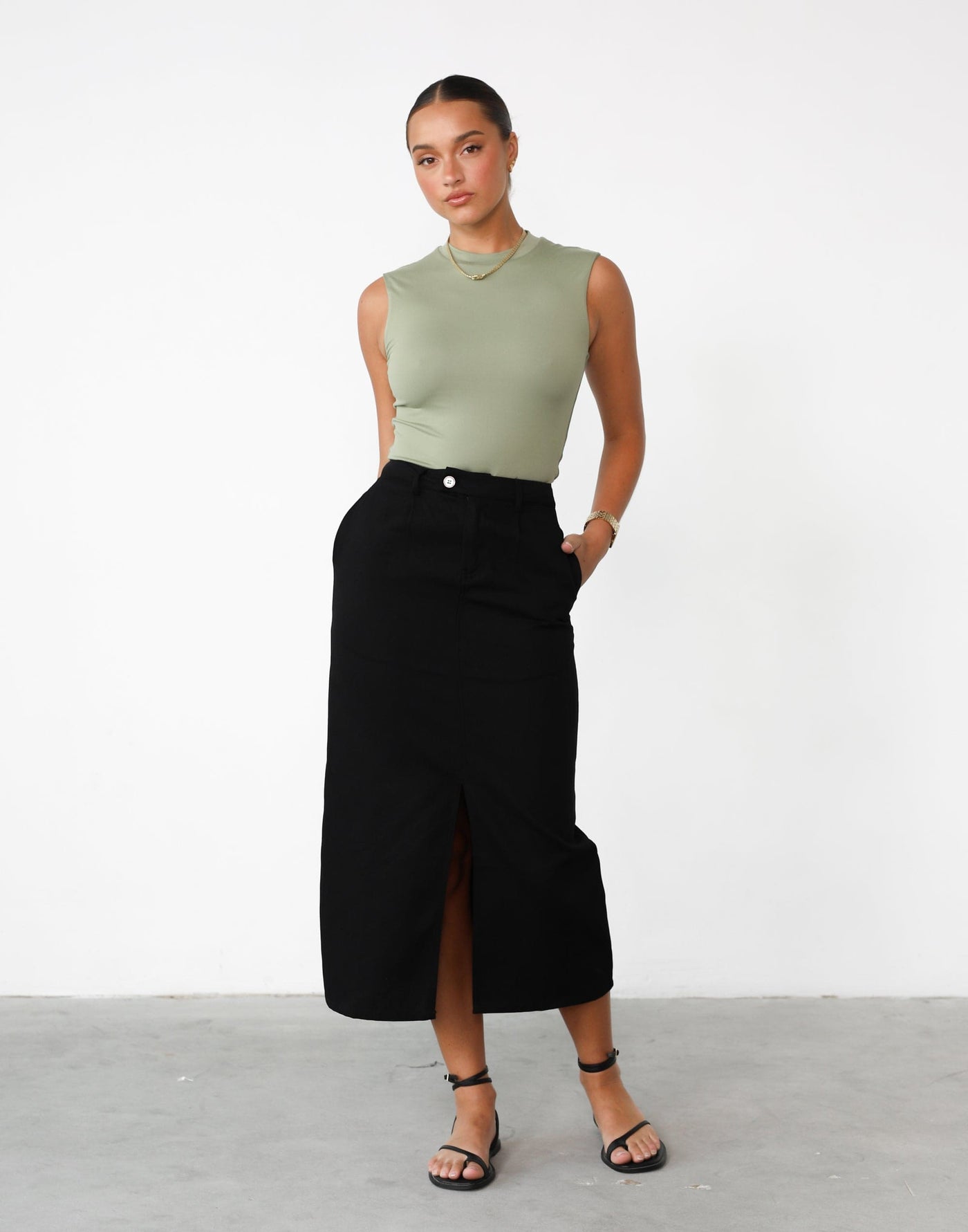 Leiya Midi Skirt (Black) - Denim-like Maxi Skirt with Split - Women's Skirt - Charcoal Clothing
