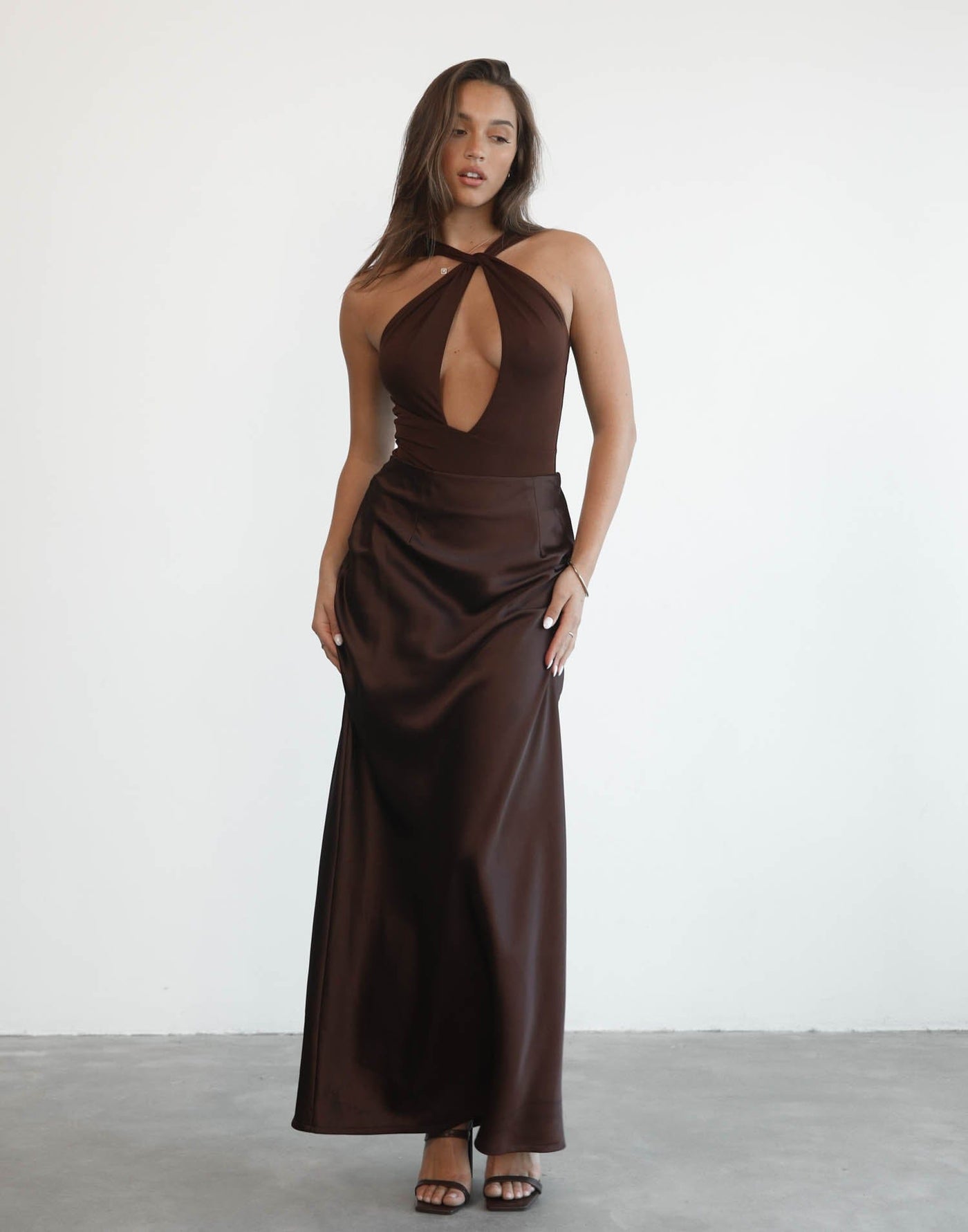Sylvie Bodysuit (Cocoa) - Brown Asymmetrical Bodysuit - Women's Top - Charcoal Clothing