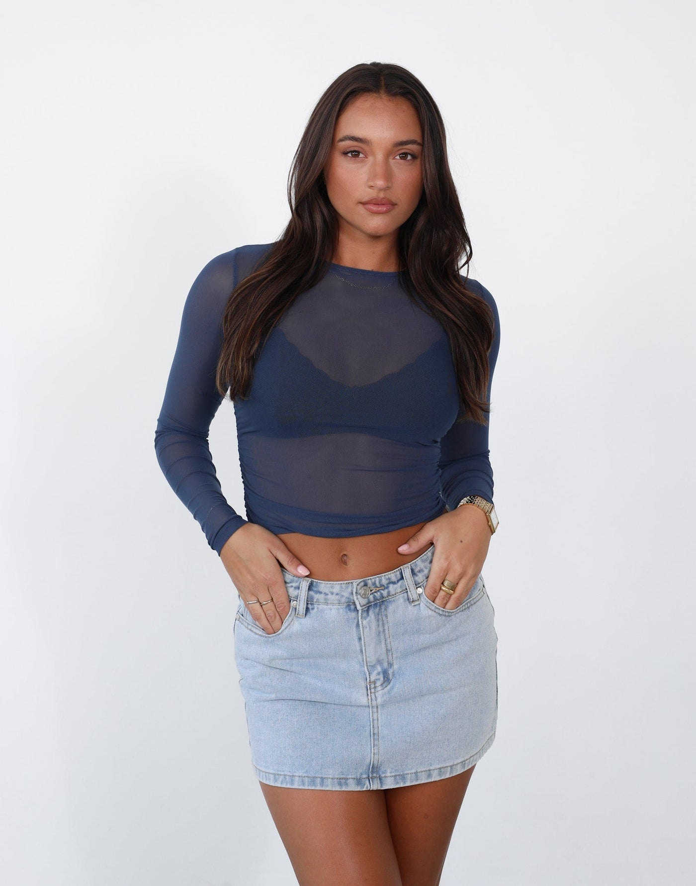 Fusion Long Sleeve Top (Storm Blue) - High Neck Ruched Mesh Long Sleeve Top - Women's Top - Charcoal Clothing