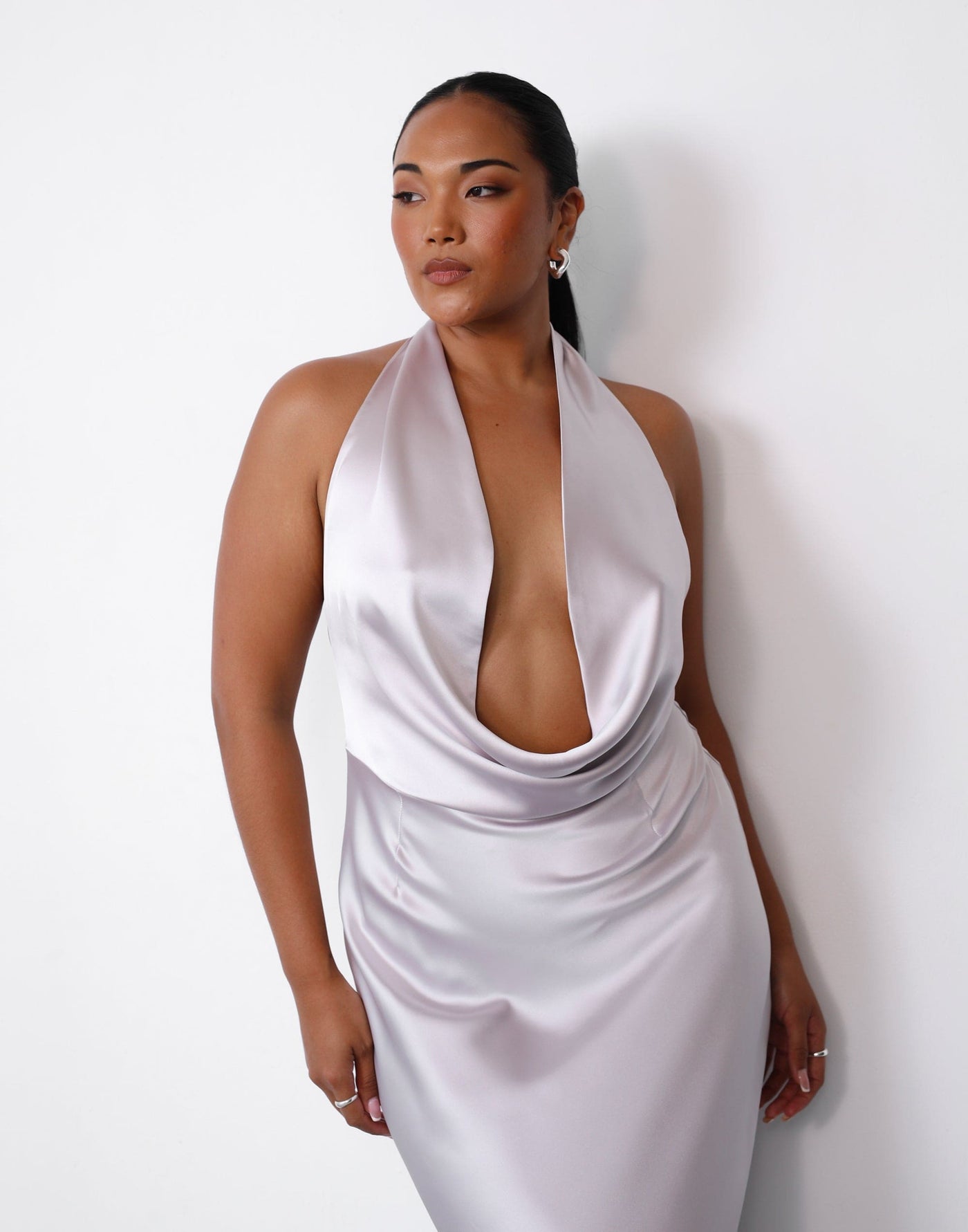 Zoya Maxi Dress (Shell) | Charcoal Clothing Exclusive - Satin Low Cowl Neck Maxi Dress - Women's Dress - Charcoal Clothing