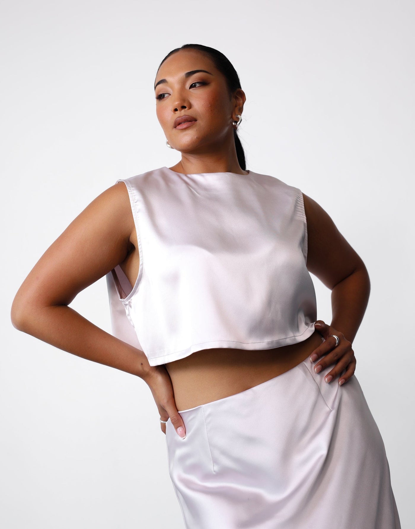 Sincerity Crop Top (Shell) | Charcoal Clothing Exclusive - Satin Sleeveless Open Back Crop Top - Women's Top - Charcoal Clothing