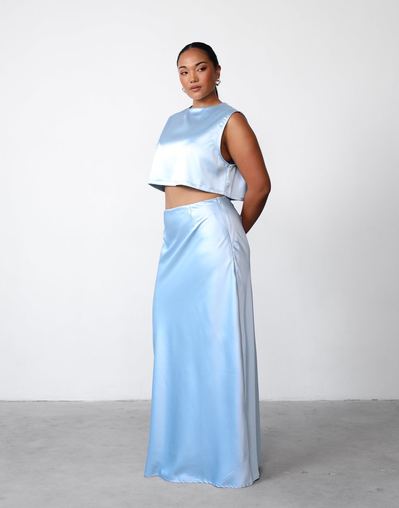 Sincerity Maxi Skirt (Ice Blue) | Charcoal Clothing Exclusive - Satin High Waisted Skirt - Women's Skirt - Charcoal Clothing