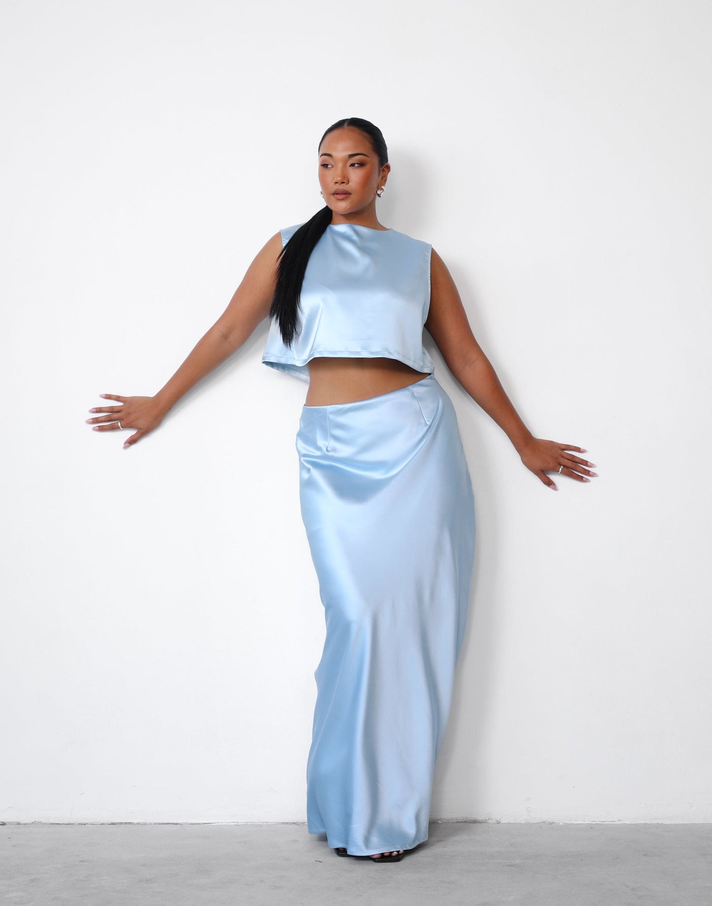 Sincerity Maxi Skirt (Ice Blue) | Charcoal Clothing Exclusive - Satin High Waisted Skirt - Women's Skirt - Charcoal Clothing