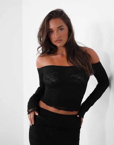 Florence Top (Black) - Sheer Mesh Lace Long Sleeve Top - Women's Top - Charcoal Clothing