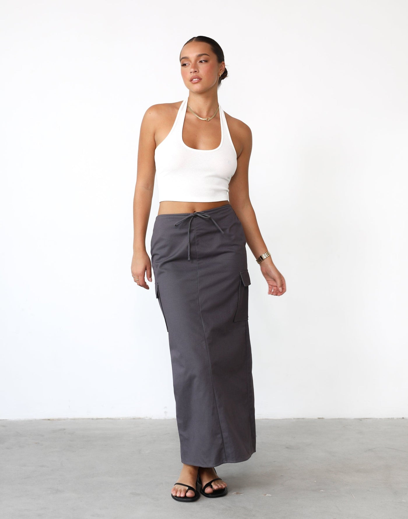 Not Now Maxi Skirt (Slate) - Adjustable Waist Drawstring Cargo Maxi Skirt With Slit - Women's Skirt - Charcoal Clothing
