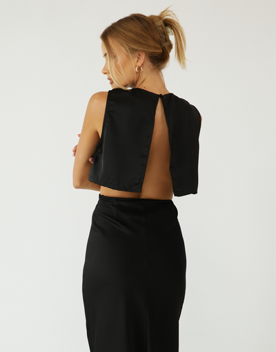 Sincerity Crop Top (Black) - Black Satin Sleeveless Open Back Crop Top - Women's Top - Charcoal Clothing