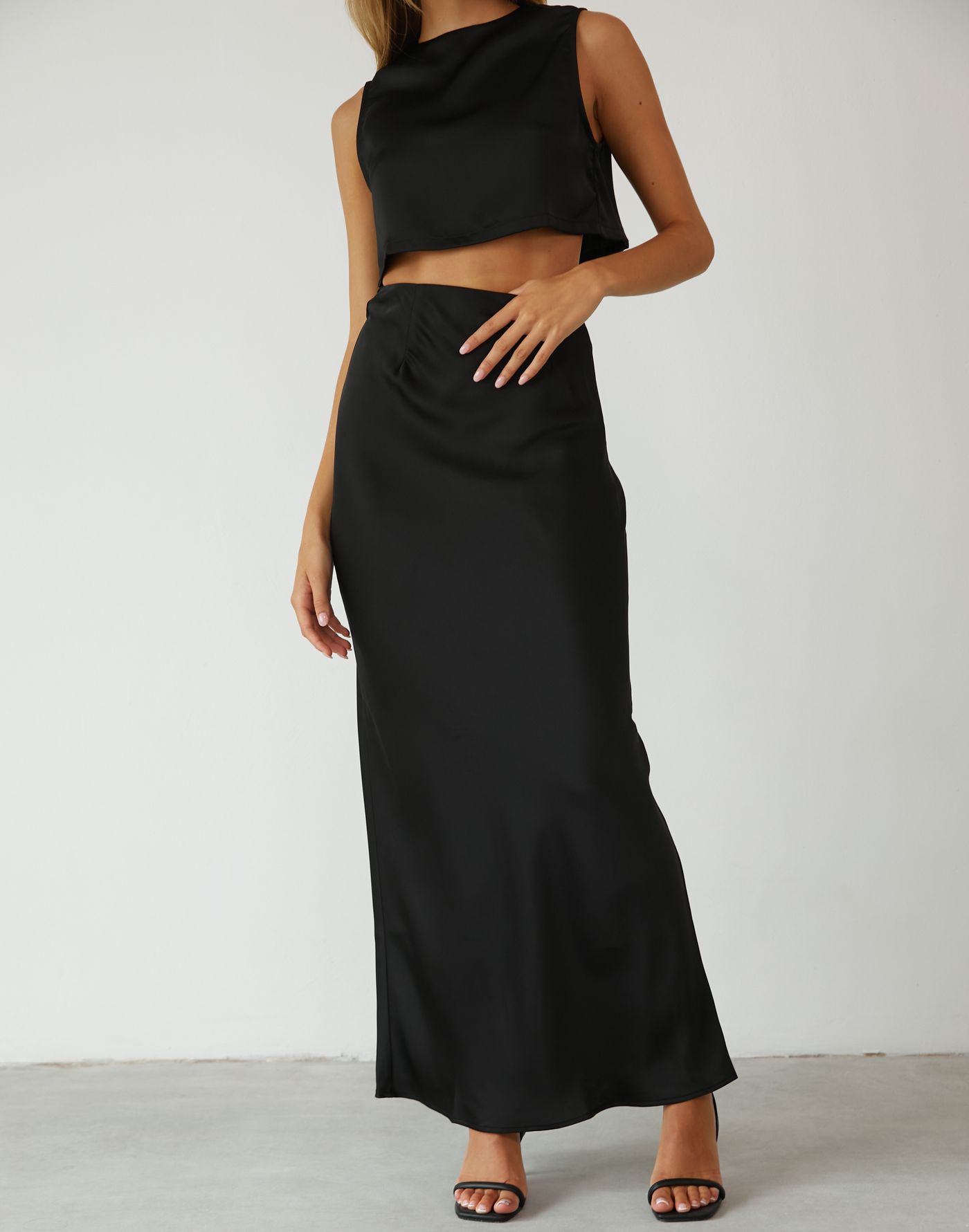 Sincerity Maxi Skirt (Black) - Black Satin High Waisted Skirt - Women's Skirt - Charcoal Clothing