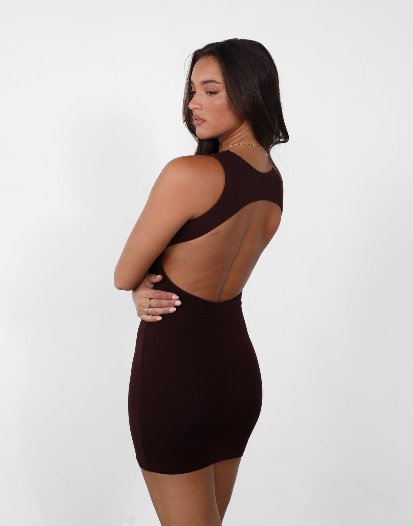 Forget It Mini Dress (Cocoa) - Backless Detail Bodycon Mini Dress - Women's Dress - Charcoal Clothing