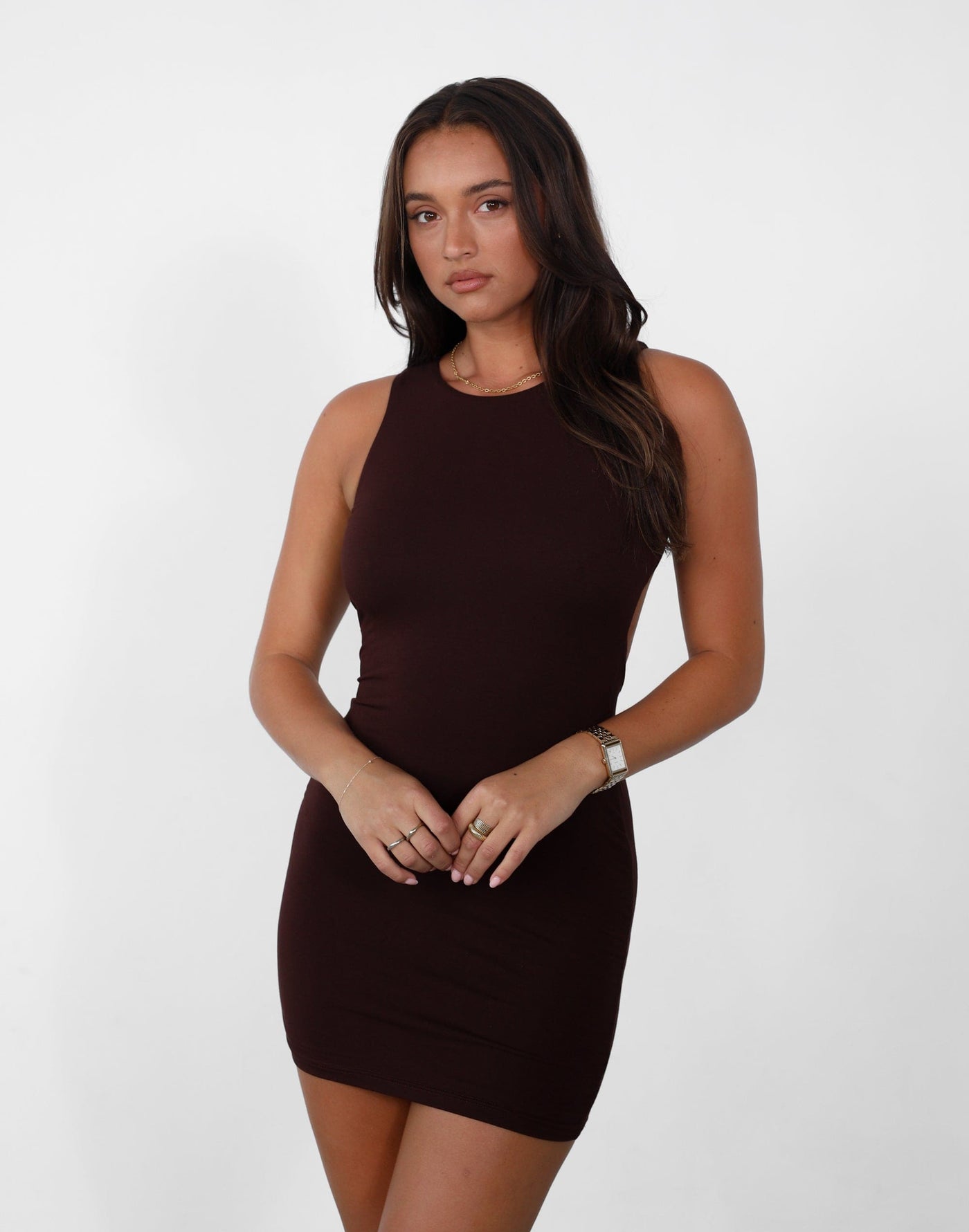 Forget It Mini Dress (Cocoa) - Backless Detail Bodycon Mini Dress - Women's Dress - Charcoal Clothing