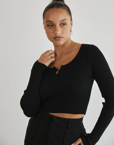 Geary Long Sleeve Knit Top (Black) - Black Long Sleeve Knit Top - Women's Top - Charcoal Clothing