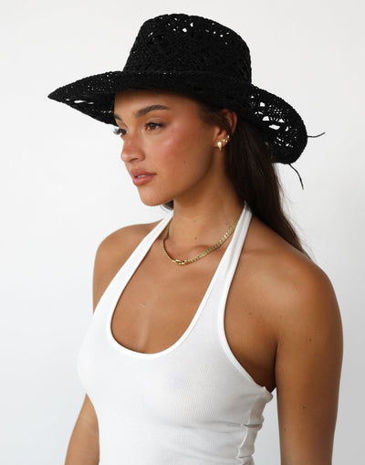 Mia Cowboy Hat (Black) - Woven Western Straw Hat With Bow - Women's Accessories - Charcoal Clothing