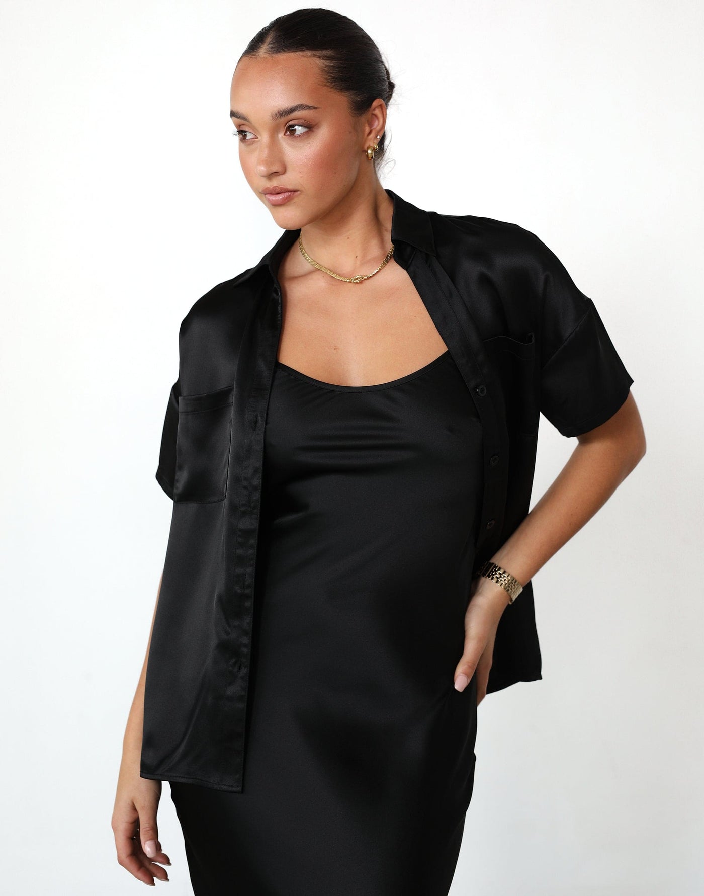 Martha Shirt (Black) - Satin Button-Up Shirt - Women's Top - Charcoal Clothing