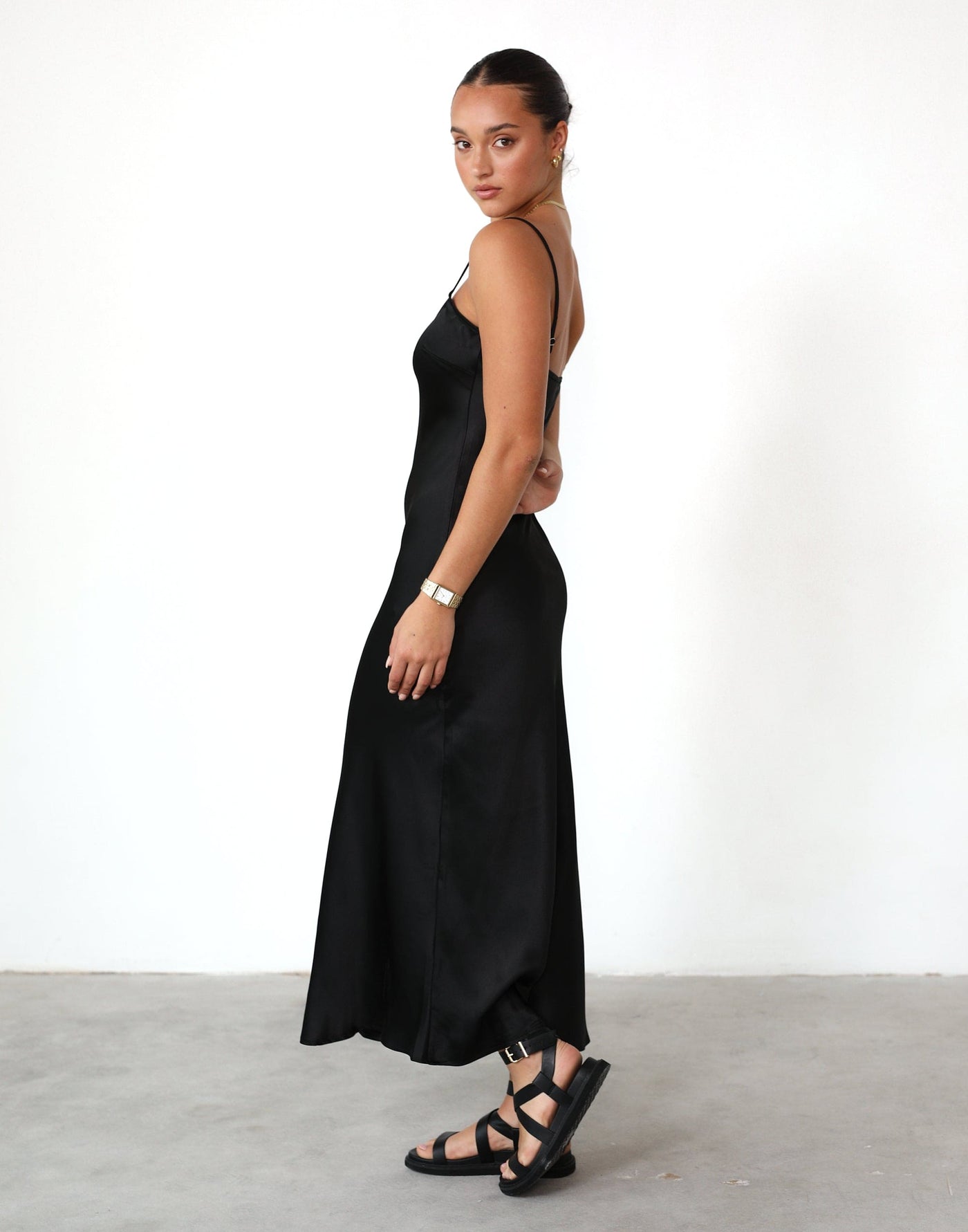 Martha Maxi Dress (Black) - Satin Adjustable Strap Slip Dress - Women's Dress - Charcoal Clothing