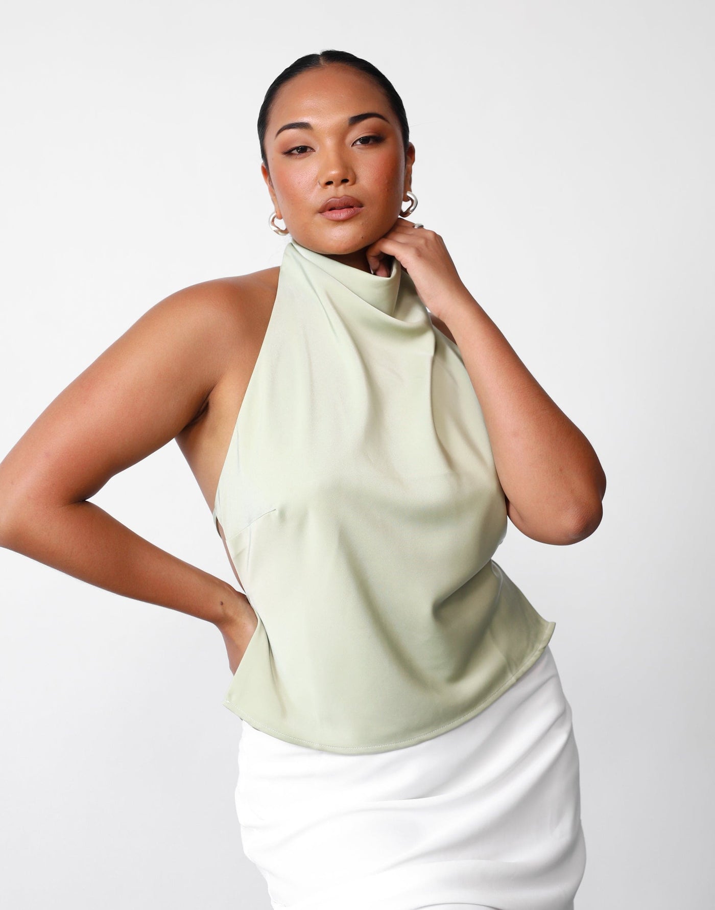 Clara Top (Margarita) | Charcoal Clothing Exclusive - High Neck Satin Backless Top - Women's Top - Charcoal Clothing