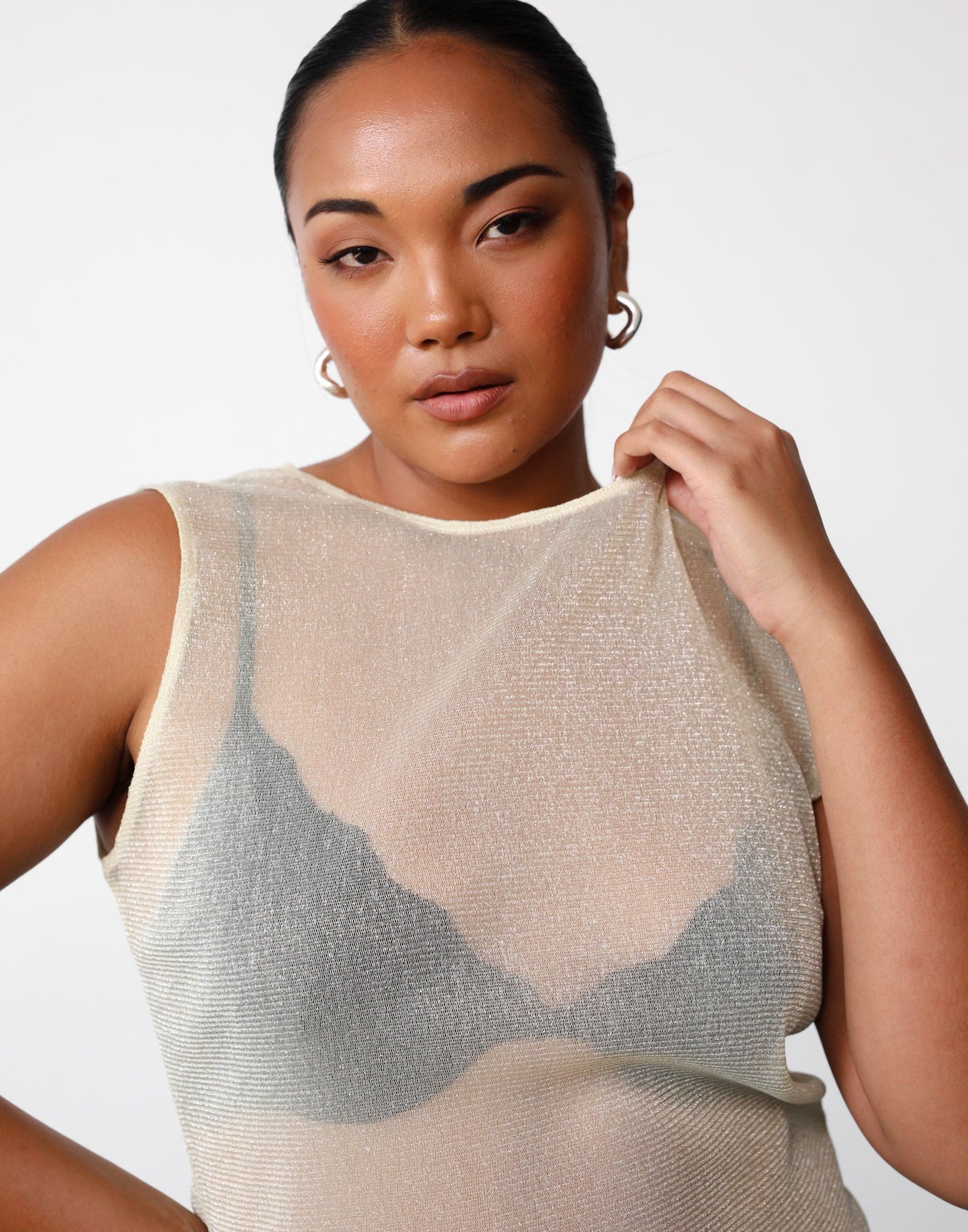Mischa Mesh Tank (Margarita) | Charcoal Clothing Exclusive - Shimmer Detail Round Neckline Sheer Top - Women's Top - Charcoal Clothing
