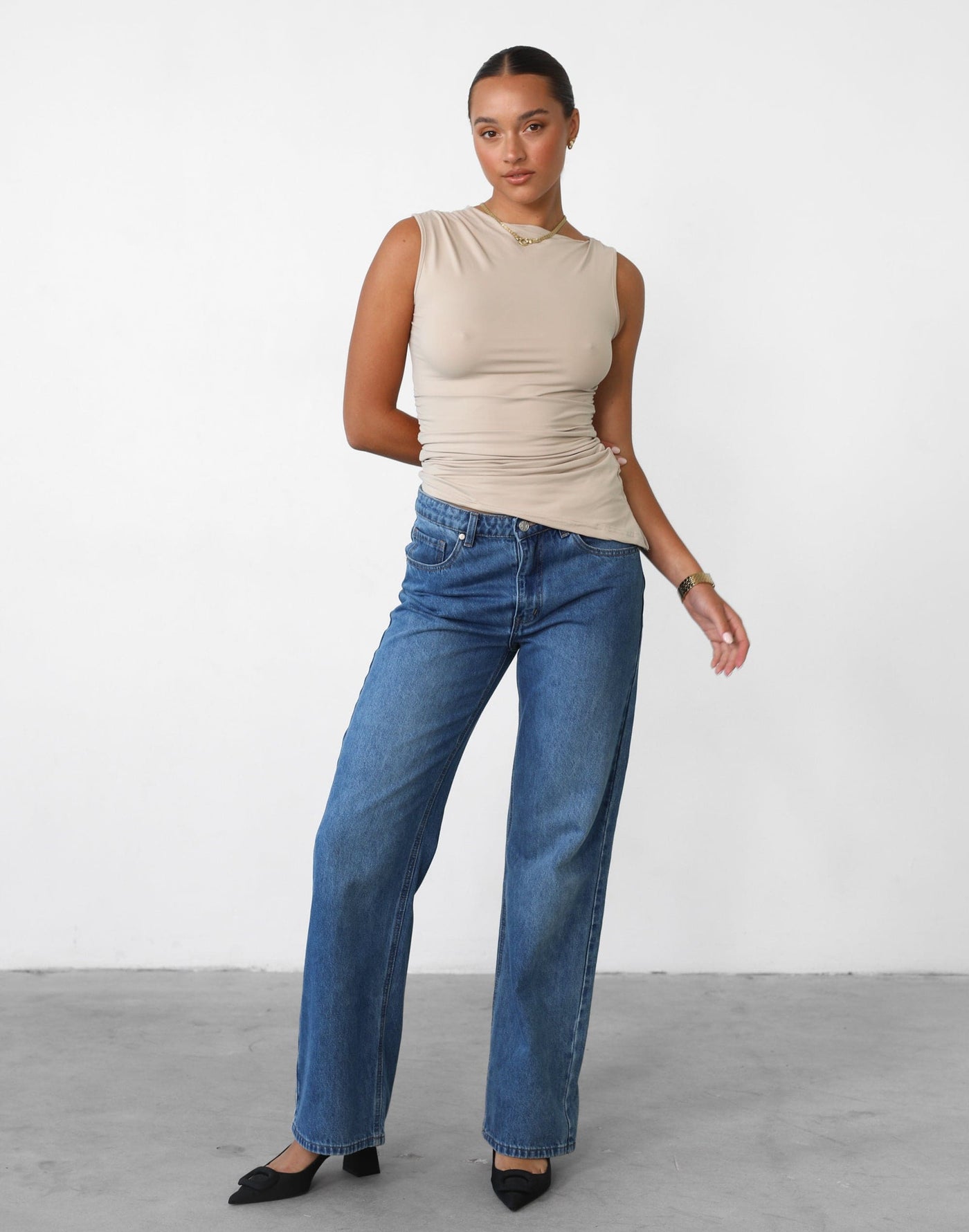 Daya Top (Beige) - Asymmetrical Hem Sleeveless Top - Women's Top - Charcoal Clothing