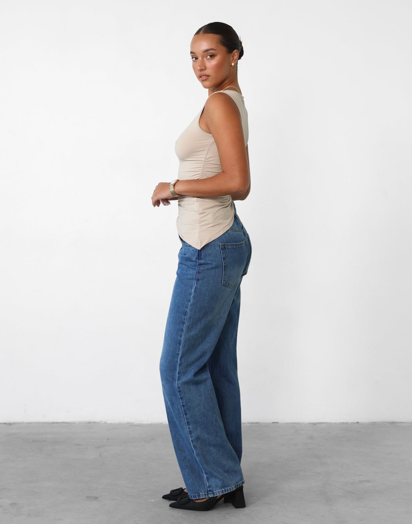 Daya Top (Beige) - Asymmetrical Hem Sleeveless Top - Women's Top - Charcoal Clothing