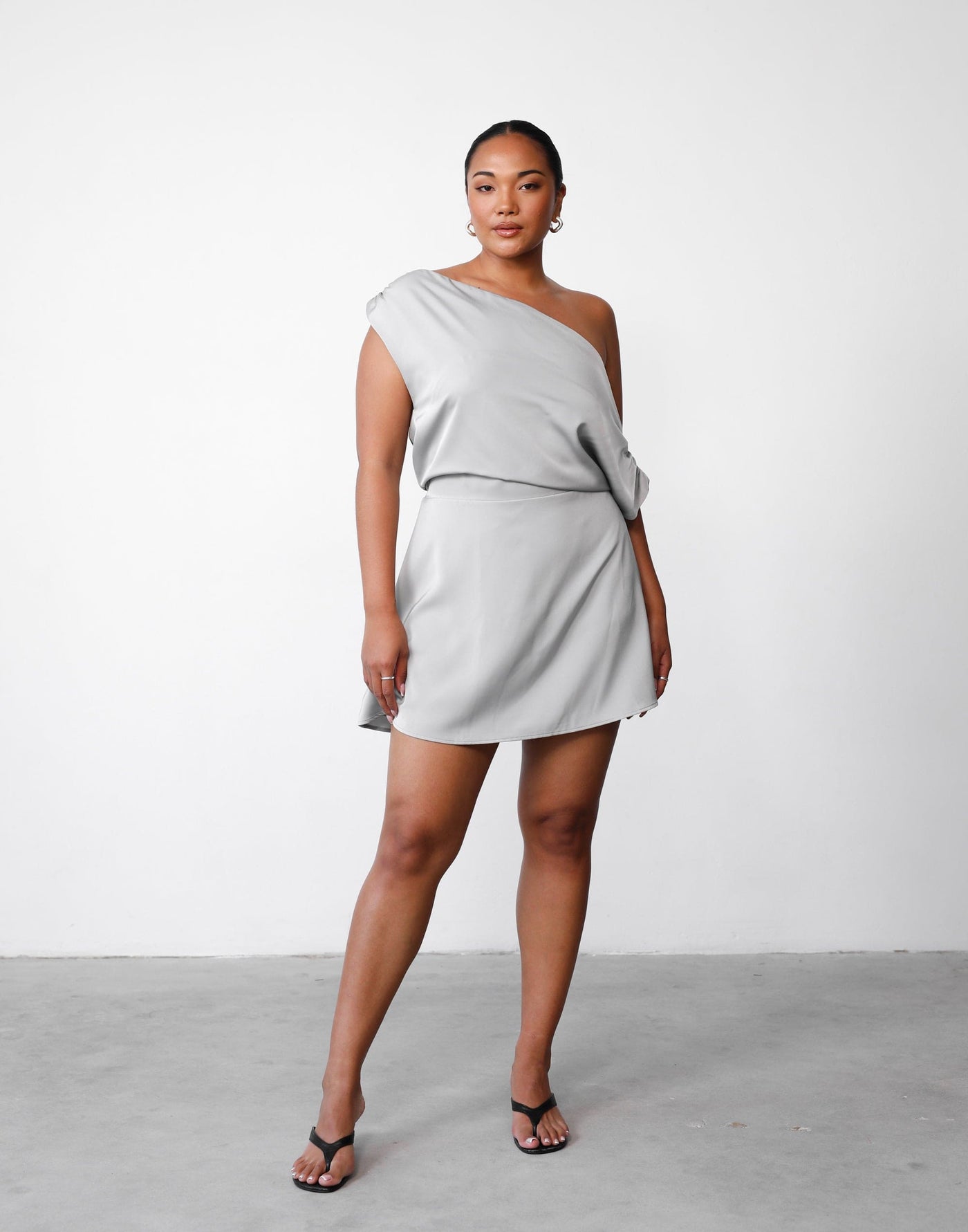 Angel Mini Dress (Cloud) | Charcoal Clothing Exclusive - Asymmetrical Neckline Flared Mini Dress - - Women's Dress - Charcoal Clothing