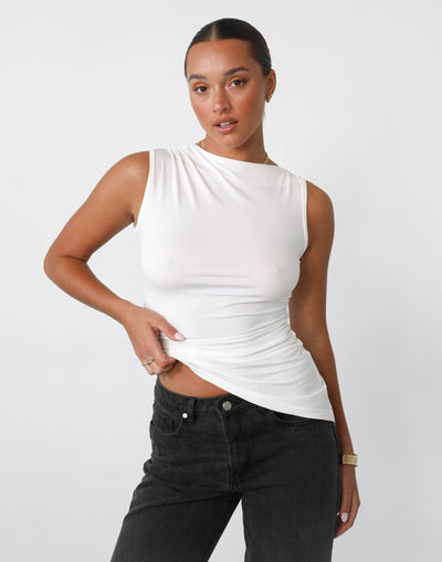 Daya Top (White) - Asymmetrical Hem Sleeveless Top - Women's Top - Charcoal Clothing