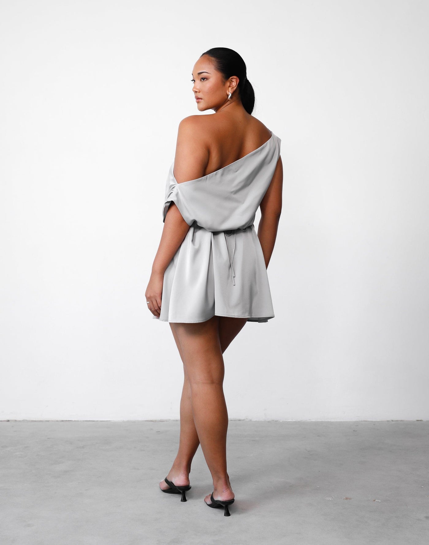 Angel Mini Dress (Cloud) | Charcoal Clothing Exclusive - Asymmetrical Neckline Flared Mini Dress - - Women's Dress - Charcoal Clothing