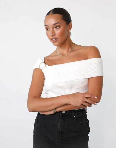 Joyce Knit Top (White) - One Shoulder Gold Embellishment Knit Top - Women's Top - Charcoal Clothing